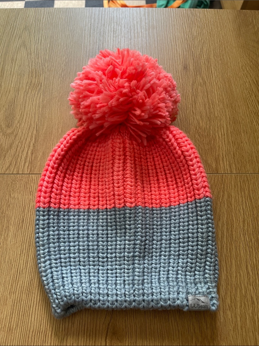 L.L. Bean Kids Two-Tone Pom Beanie - Coral & Light Gray